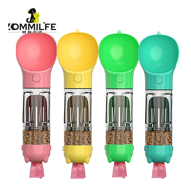 KOMMILIFE Portable Cat Dog Water Bottle Food Feeder Drinker Poop Dispenser 3 in 1 Leak-Proof Multifunctional Dog Waterer Bottle