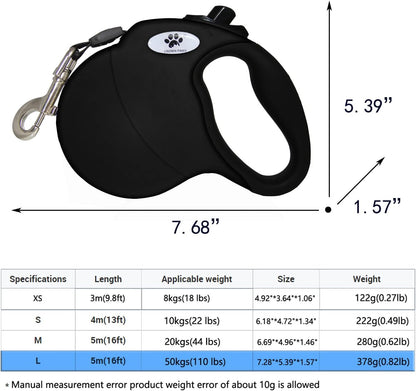 16 Ft Retractable Dog Leash for Large Dogs up to 110 Lbs,Tangle-Free Nylon Tape,Black L